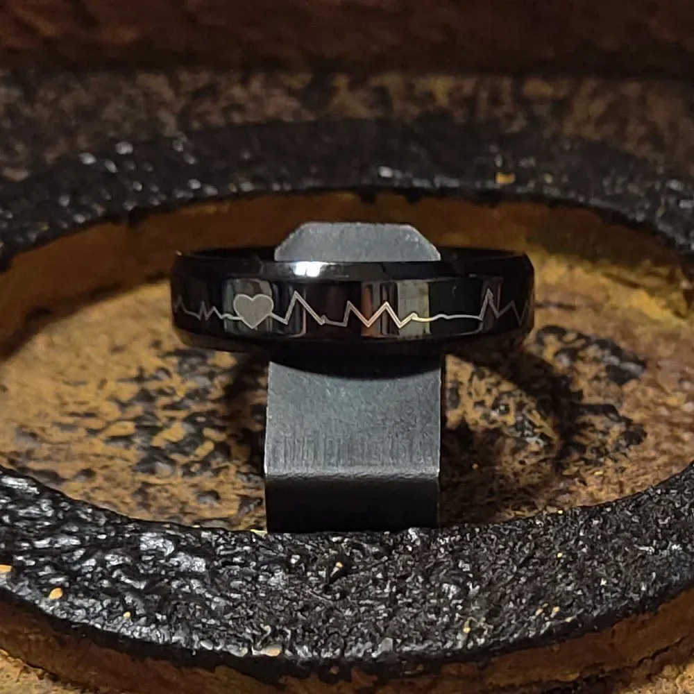 Men's Black Heartbeat Wedding Ring Band  - Heartbeat Wedding Ring For Him